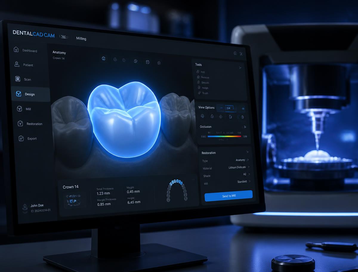 Digitaal CAD-ontwerp van een tandkroon op een monitor in het laboratorium